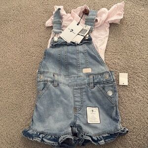 Seven for all mankind overall shorts and pink tee set 18 months brand new